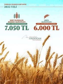 Değerli Çiftçilerimiz ; Sayın Cumhurbaşkanımız Recep Tayyip Erdoğan , Toprak Mahsulleri Ofisi’nin 2022 Buğday ve Arpa Alım Fiyatlarını ve Teşvik Rakamlarını Açıkladı.